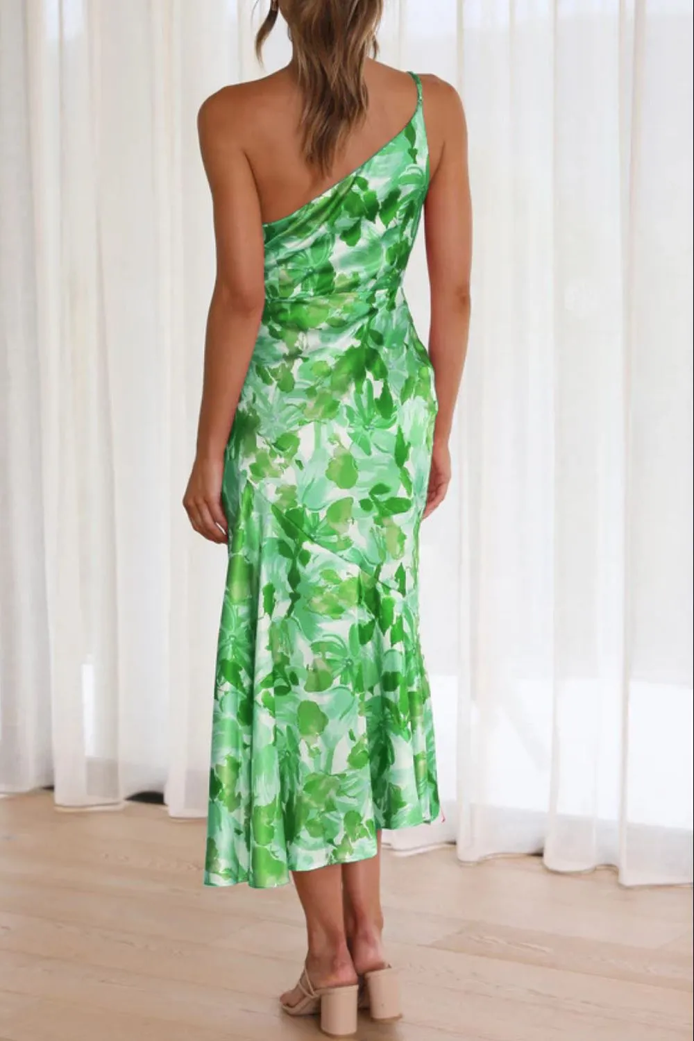 Ruched Printed Single Shoulder Midi Dress, image 2
