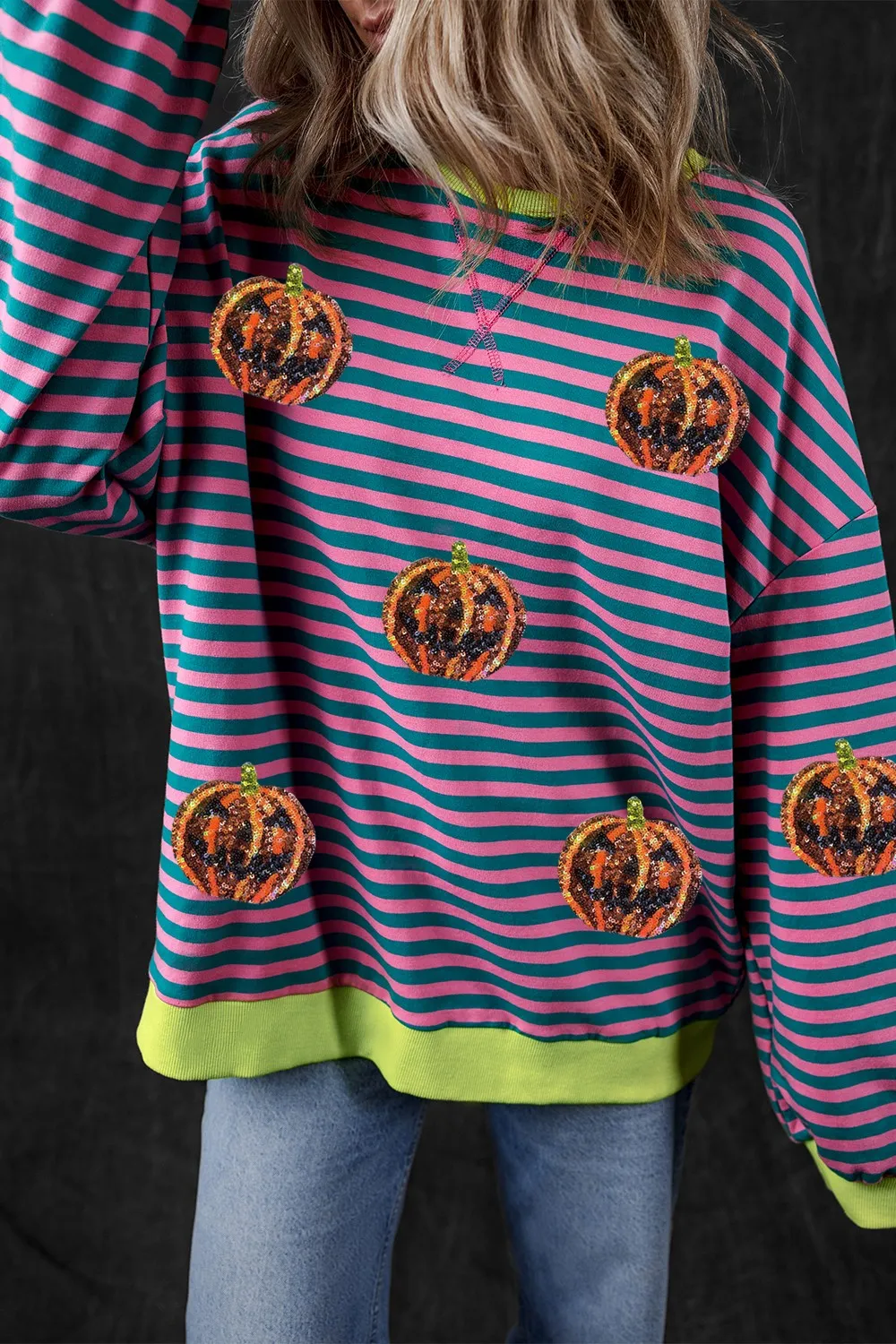 Pumpkin Striped Round Neck Long Sleeve Sweatshirt, image 2
