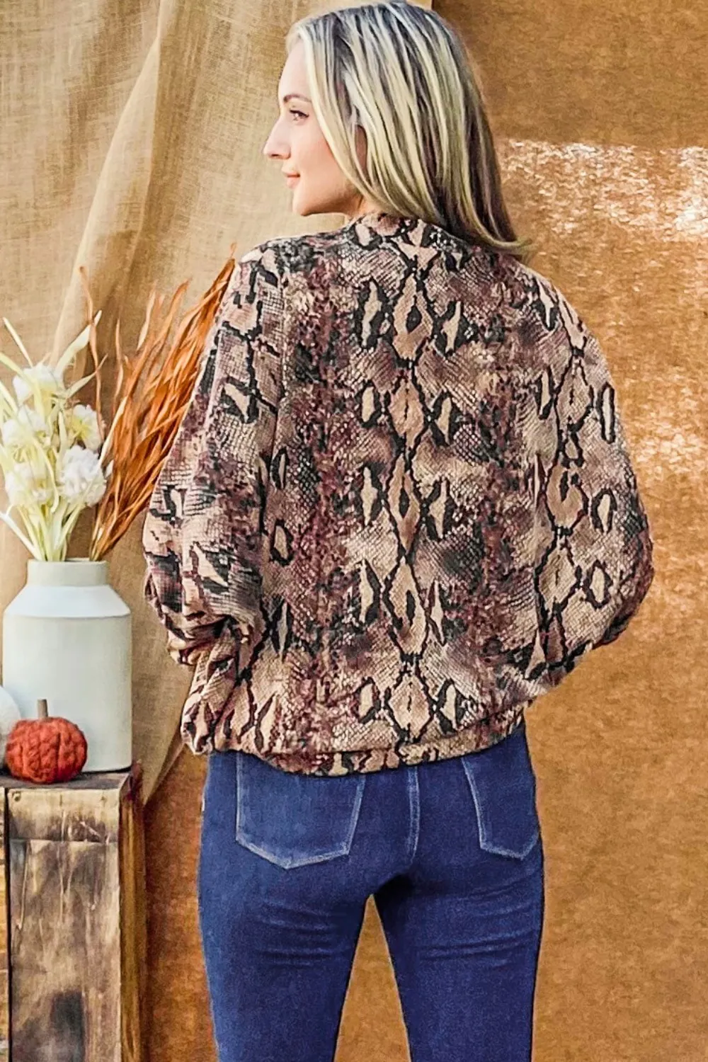 Choker Neck Dolman Sleeve Snake Print Top, image 2