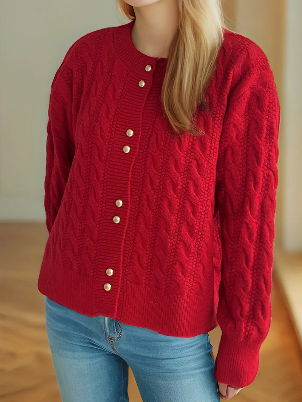 Cable-Knit Round Neck Long Sleeve Cardigan, image 16