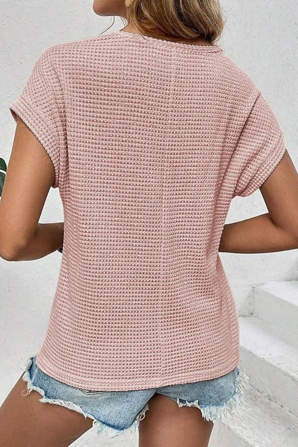 Lace Patchwork Waffle Short Sleeve Knit Top, image 3