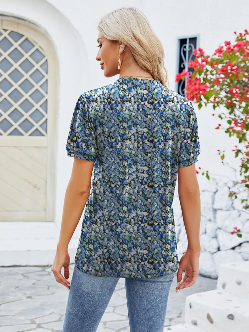 Ruched Printed Notched Short Sleeve Blouse, image 8