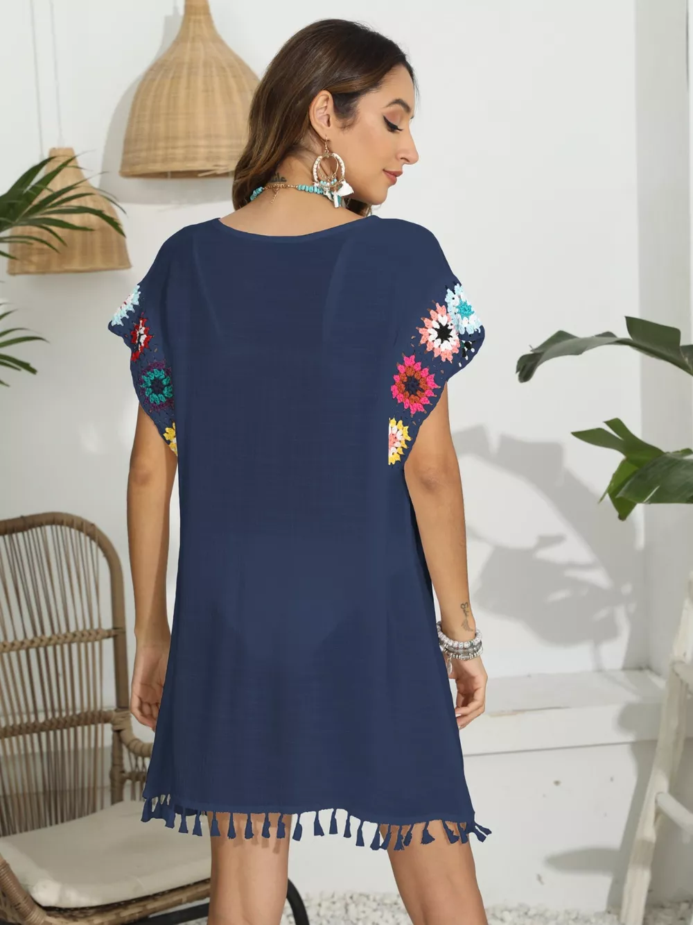 Tassel Boat Neck Flutter Sleeve Cover Up, image 5