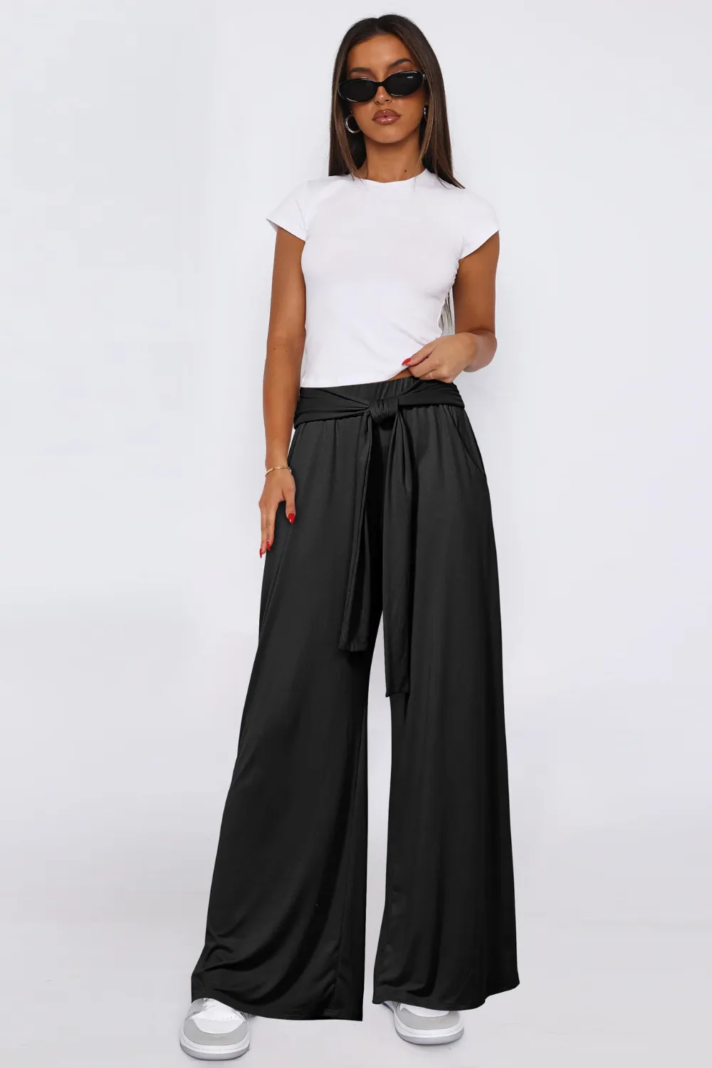 Tied Pocketed Wide Leg Pants
