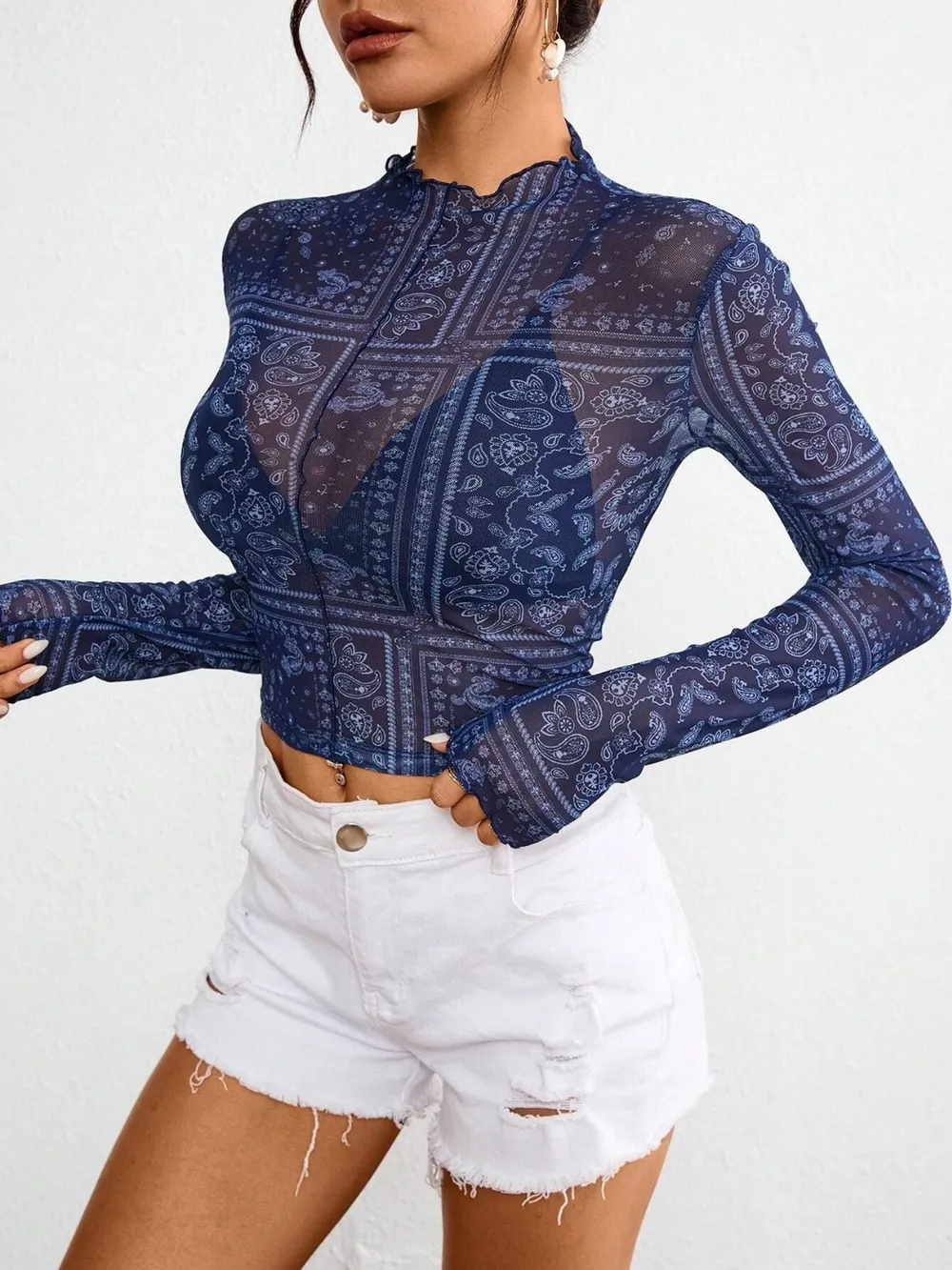 Paisley Mock Neck Long Sleeve Sheer Top, image 3