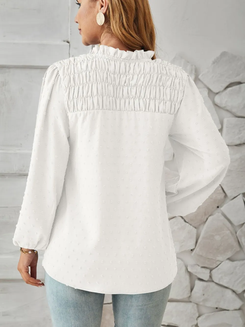 Ruched Swiss Dot Notched Balloon Sleeve T-Shirt, image 3