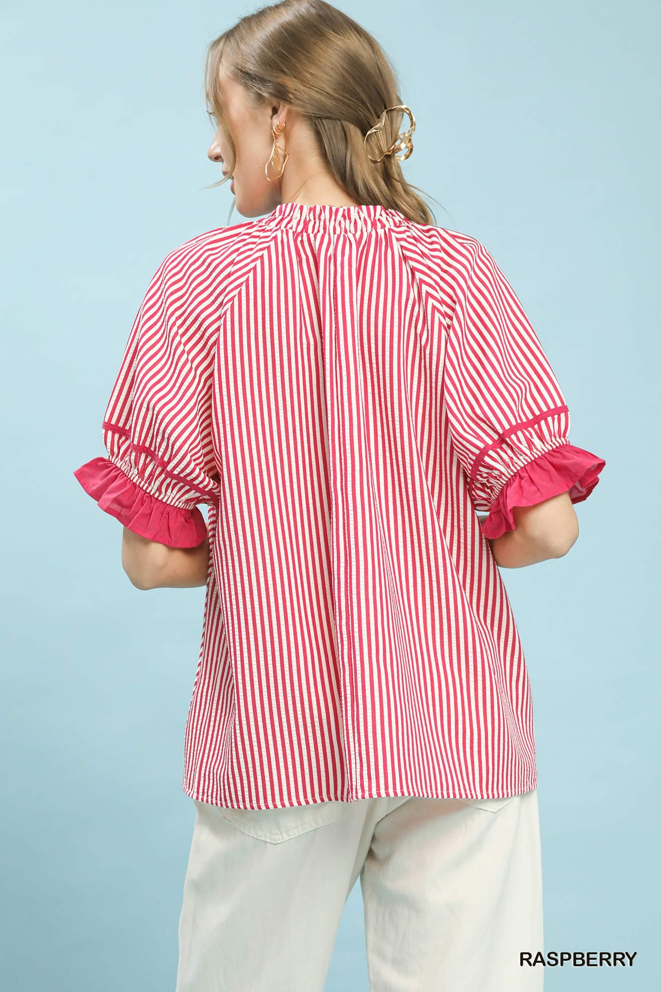 Stripe Ruffle Sleeve Split-Neck Blouse, image 3