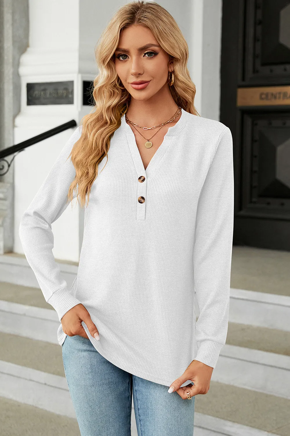 Waffle-Knit Notched Long Sleeve T-Shirt, image 2