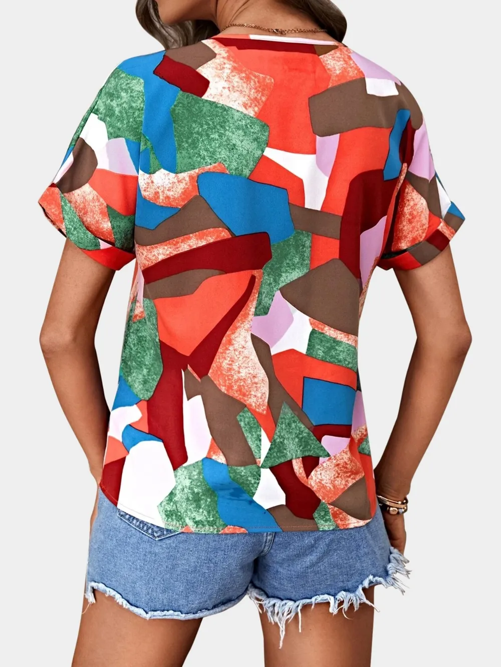 Printed V-Neck Short Sleeve Blouse, image 4