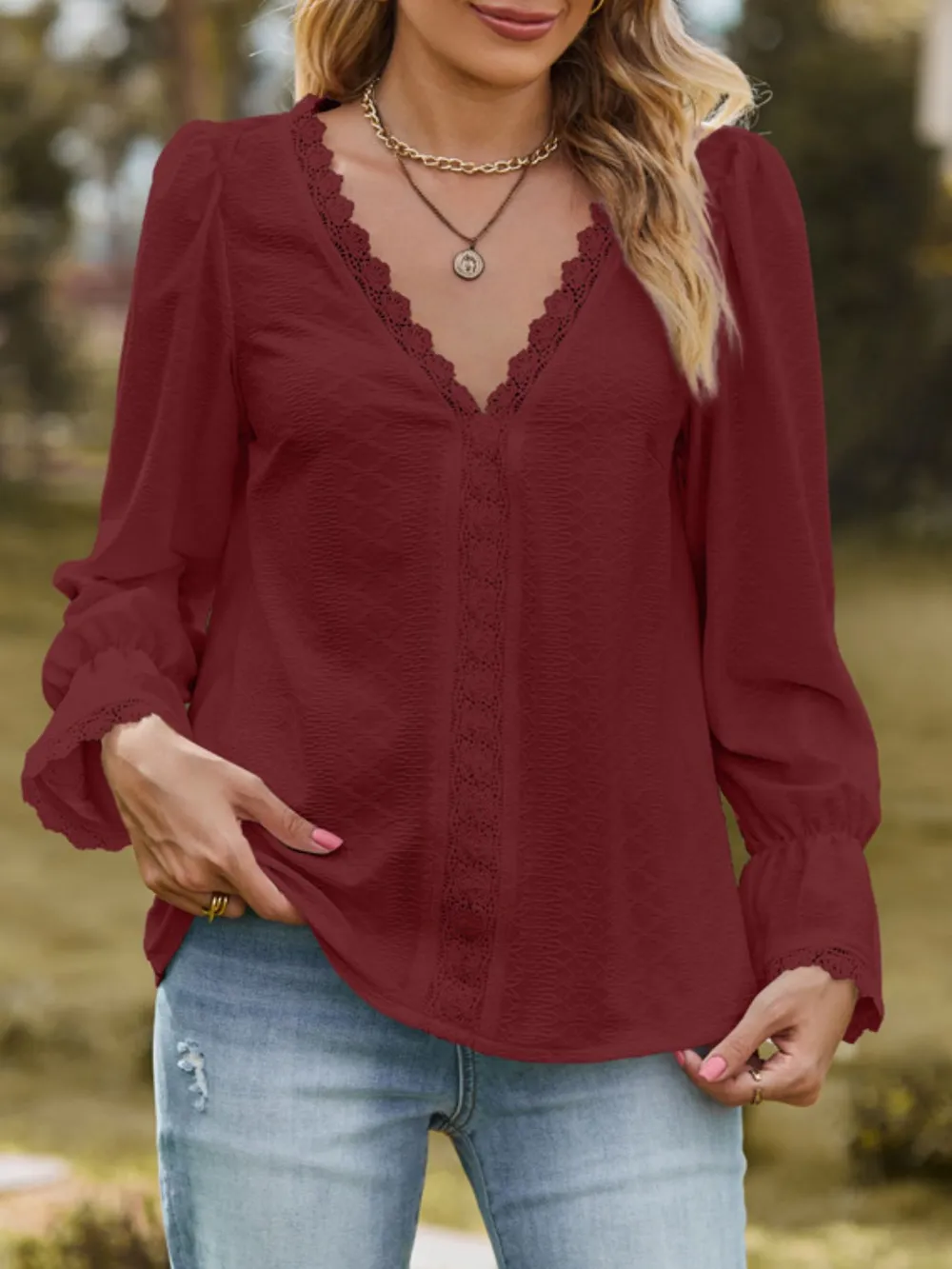 Lace Trim V-Neck Blouse with Flounce Sleeves, image 19