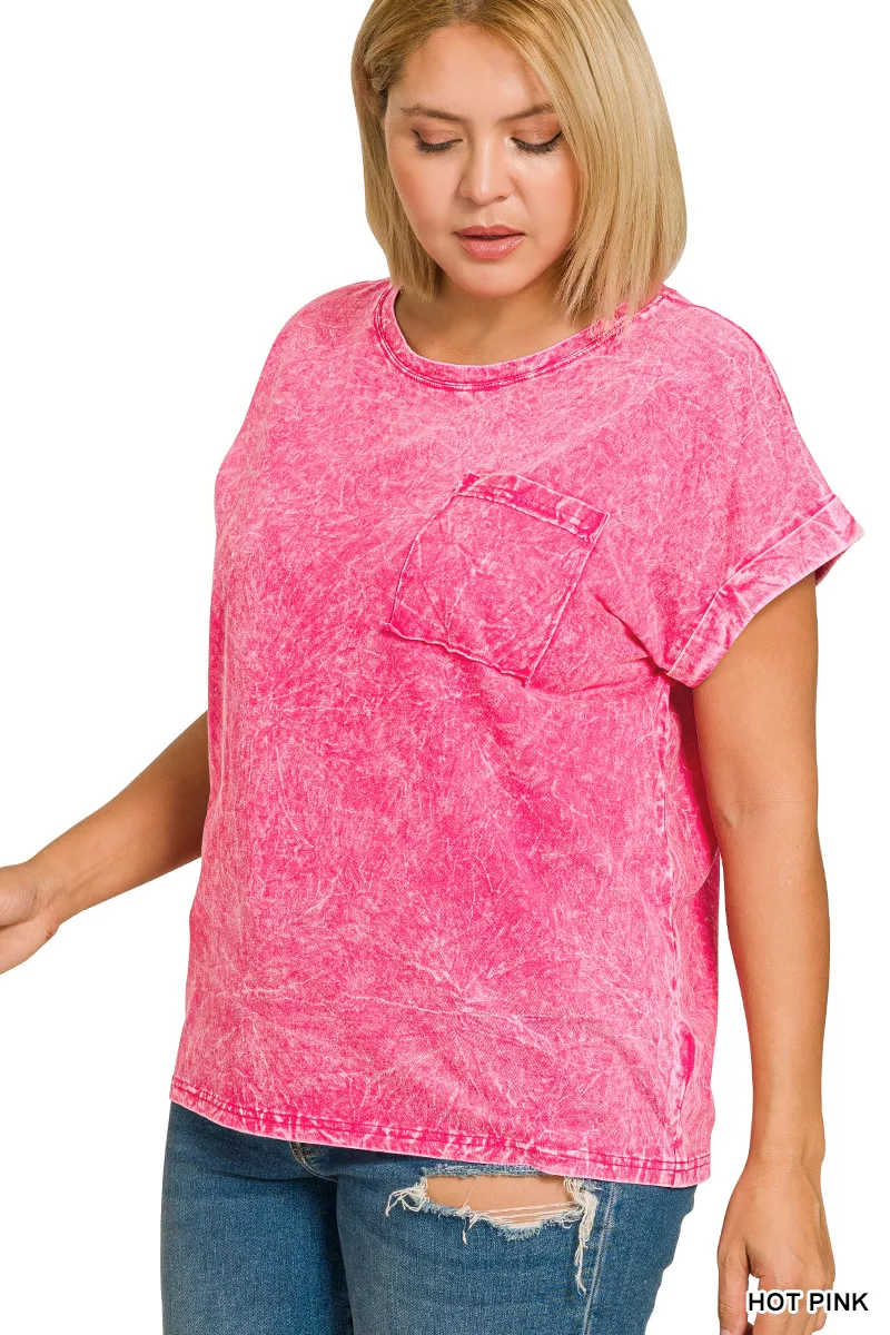 Full Size Crinkle Washed Round Neck Folded Short Sleeve Tee Plus Size, image 2