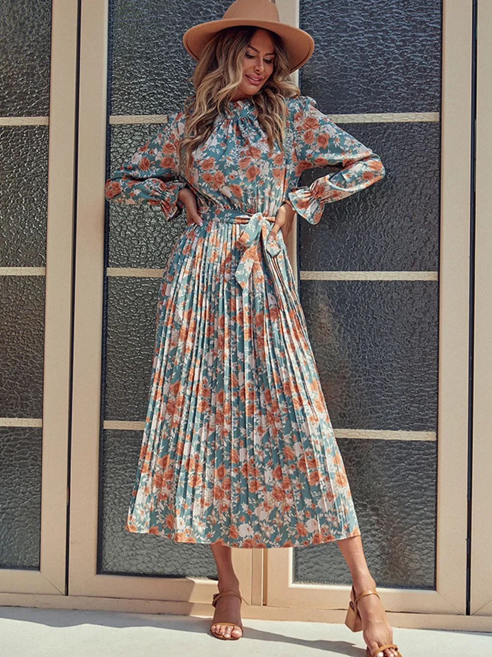 Tied Pleated Printed Mock Neck Long Sleeve Dress, image 4