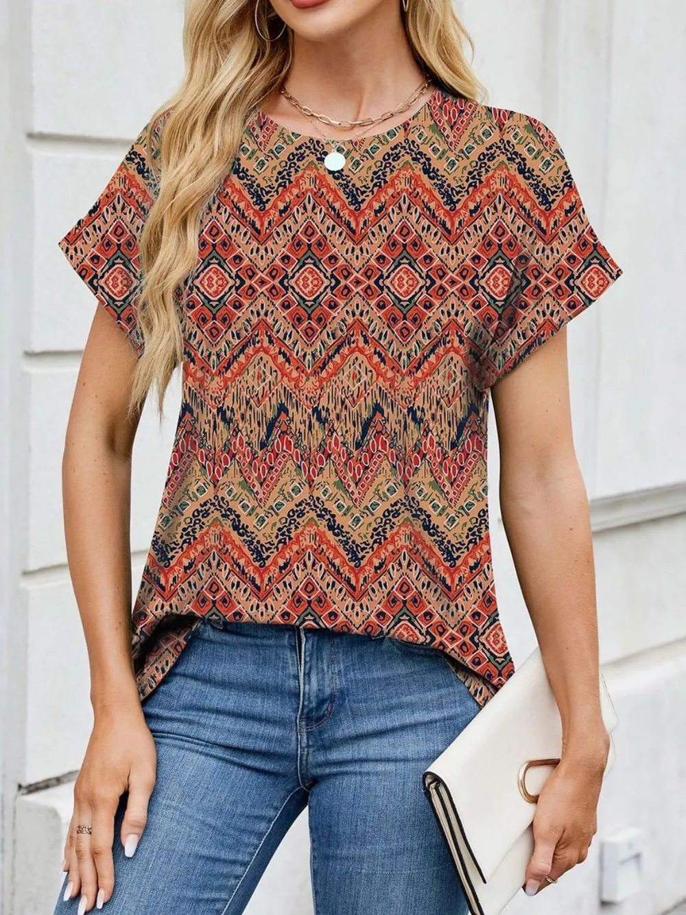 Printed Round Neck Short Sleeve Top, image 31