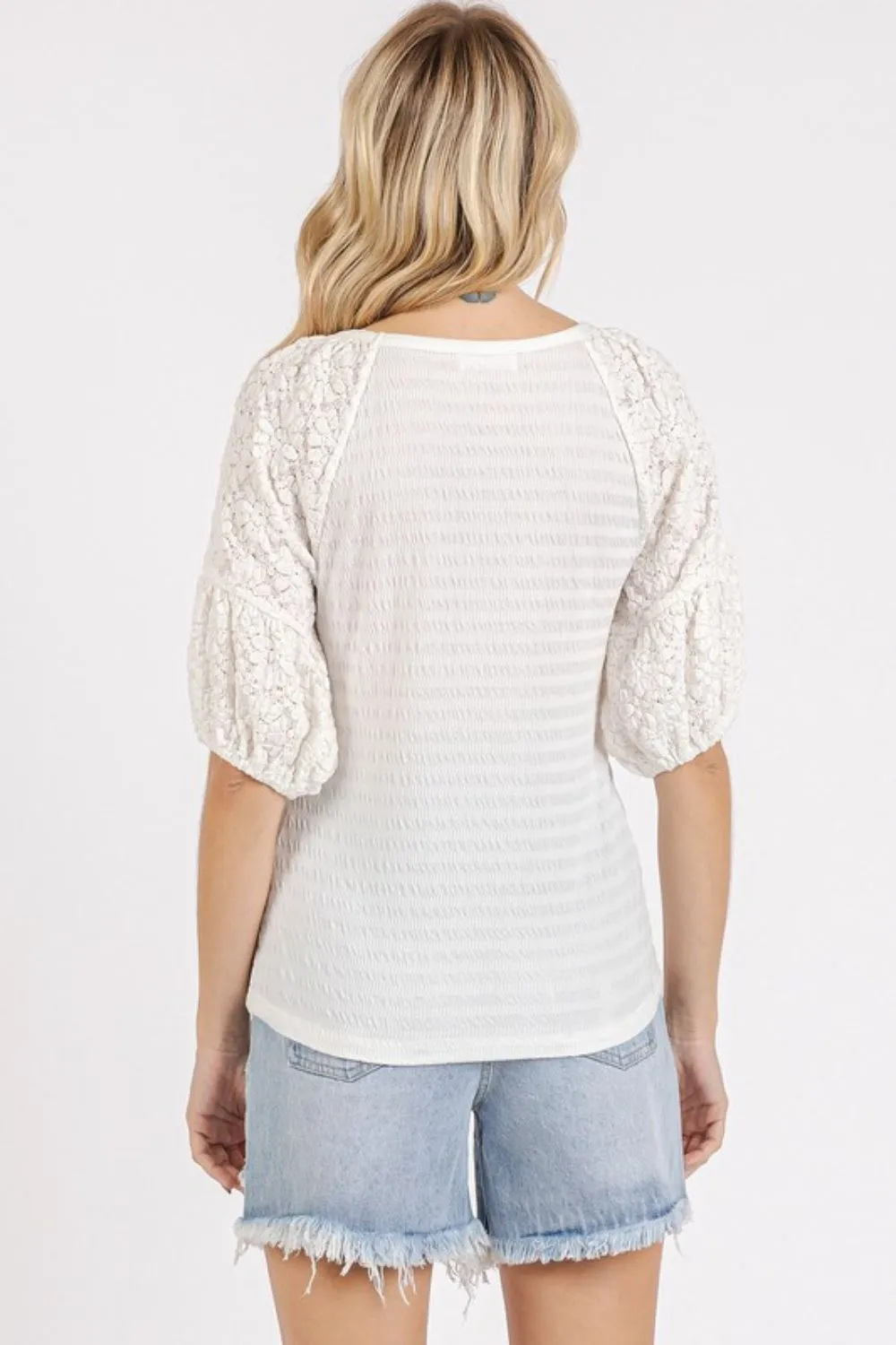 Mixed Media Textured Knit Popcorn Puff Sleeve Blouse, image 2