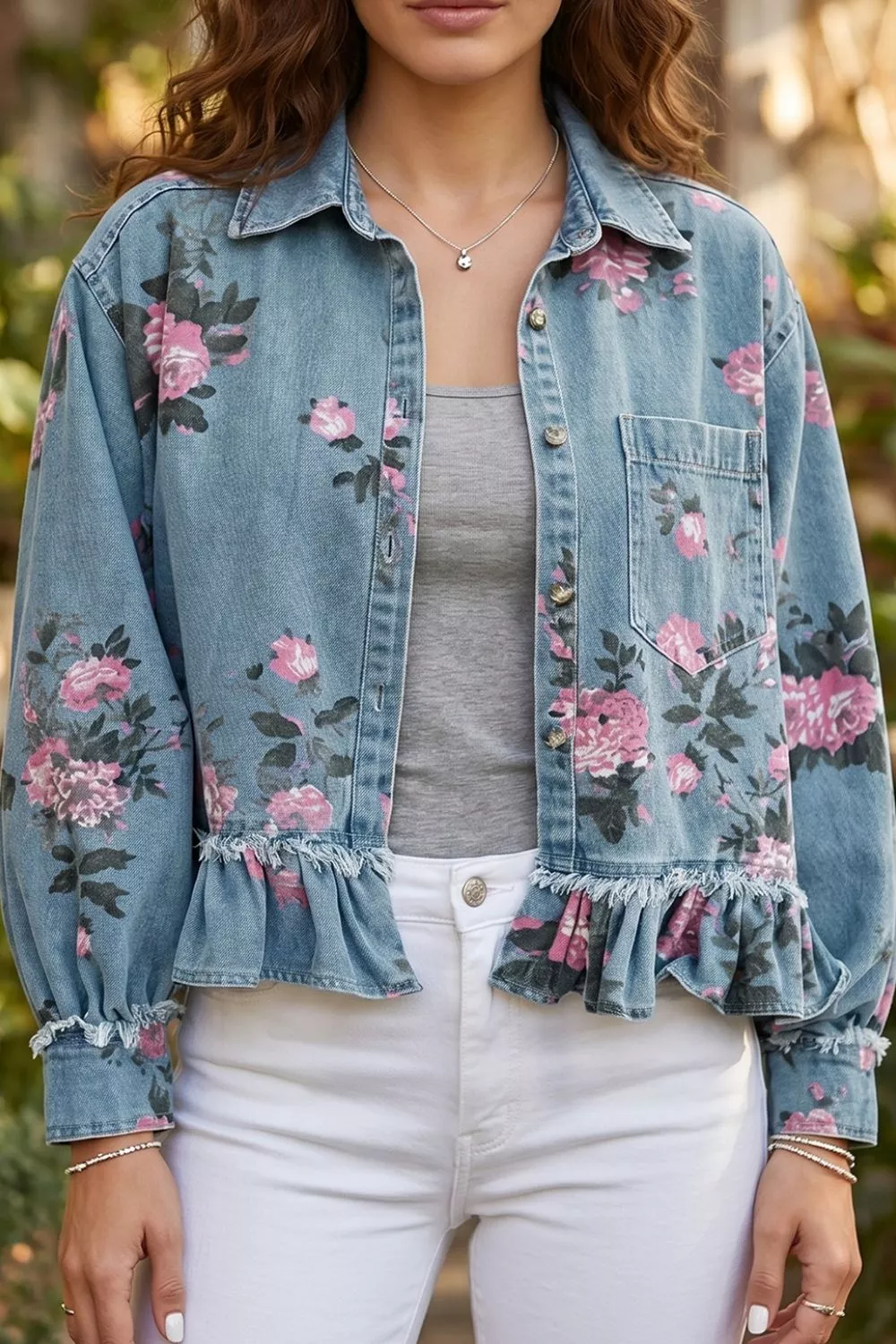 Floral Print Denim Jacket with Ruffled Hem, image 5