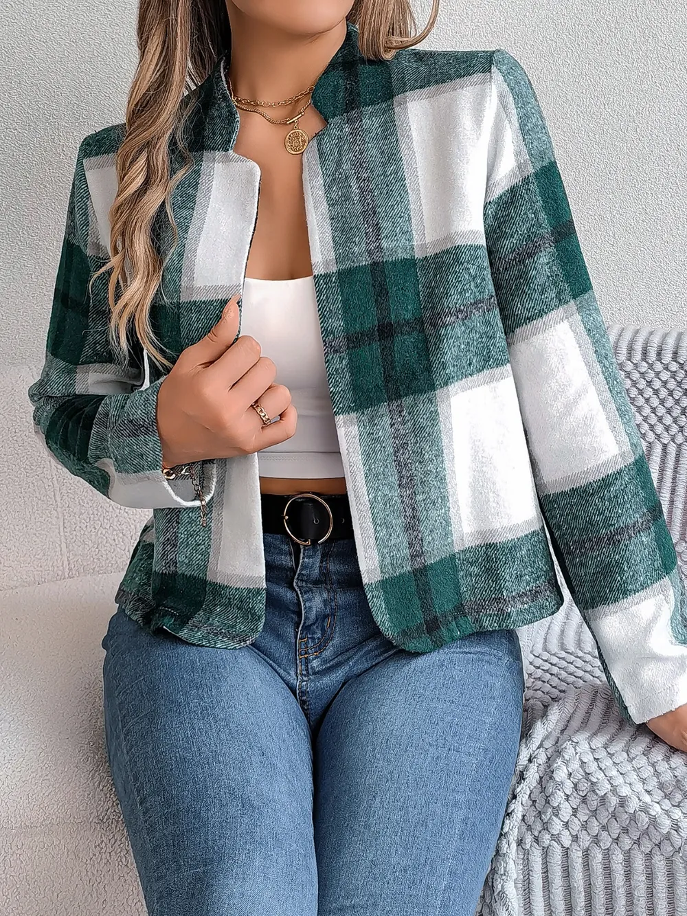 Plaid Open Front Long Sleeve Jacket, image 25