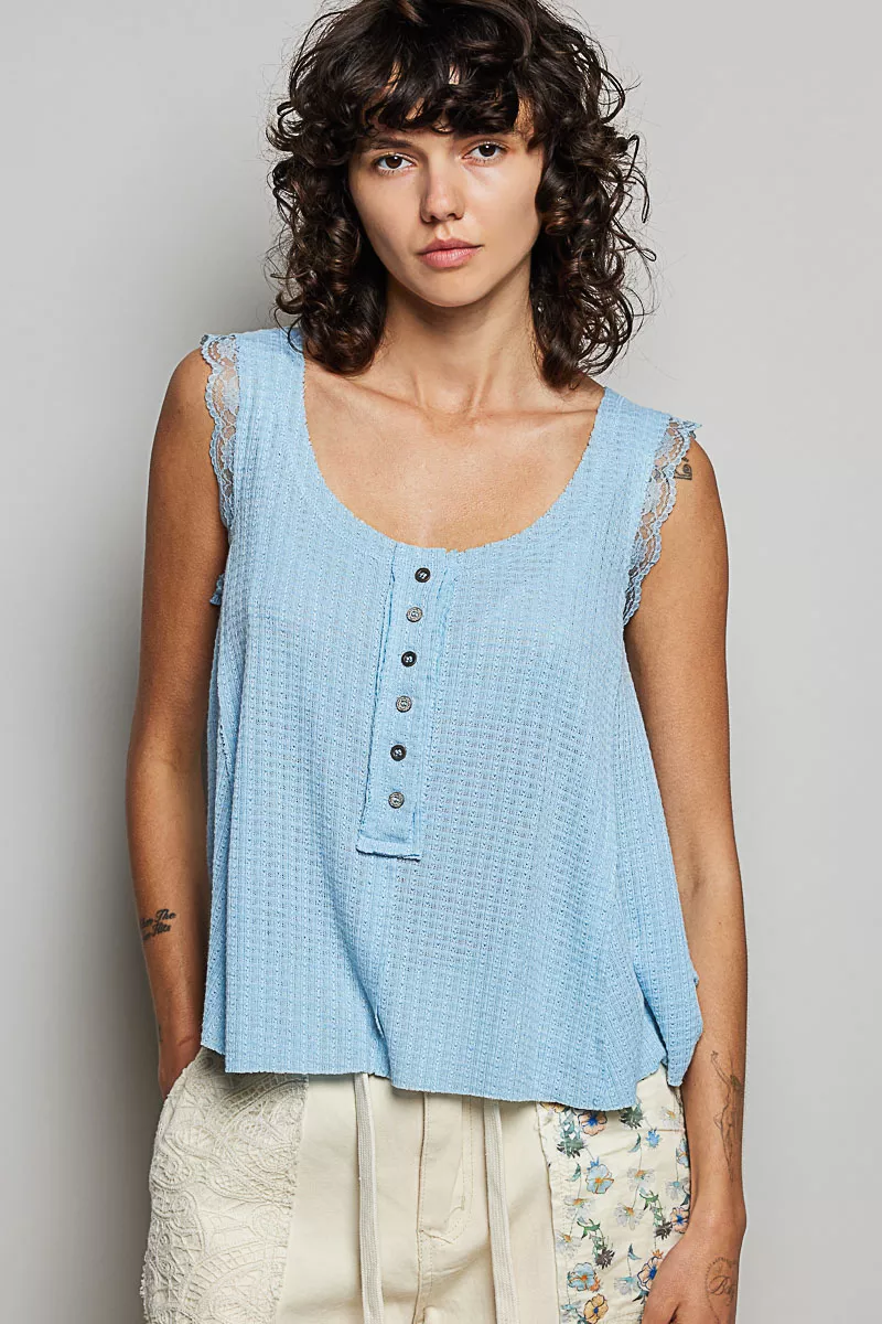 Textured Knit Round Neck Tank with Lace Detail, image 2