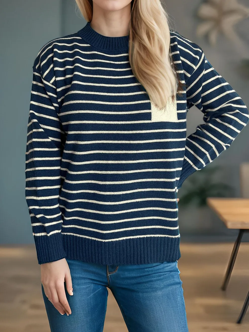 Striped Mock Neck Long Sleeve Sweater, image 5