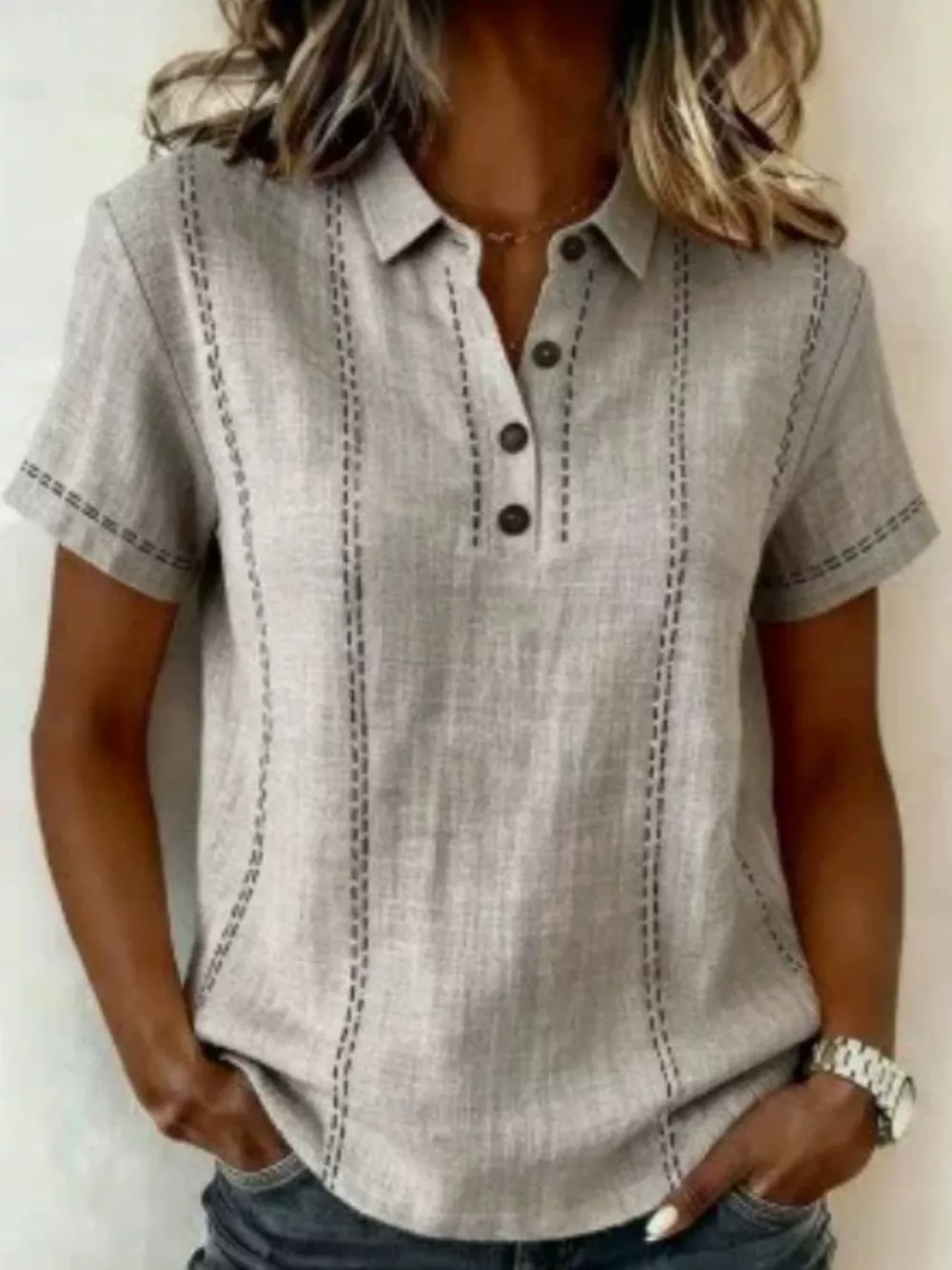 Full Size Button Detail Short Sleeve Blouse Plus Size, image 10