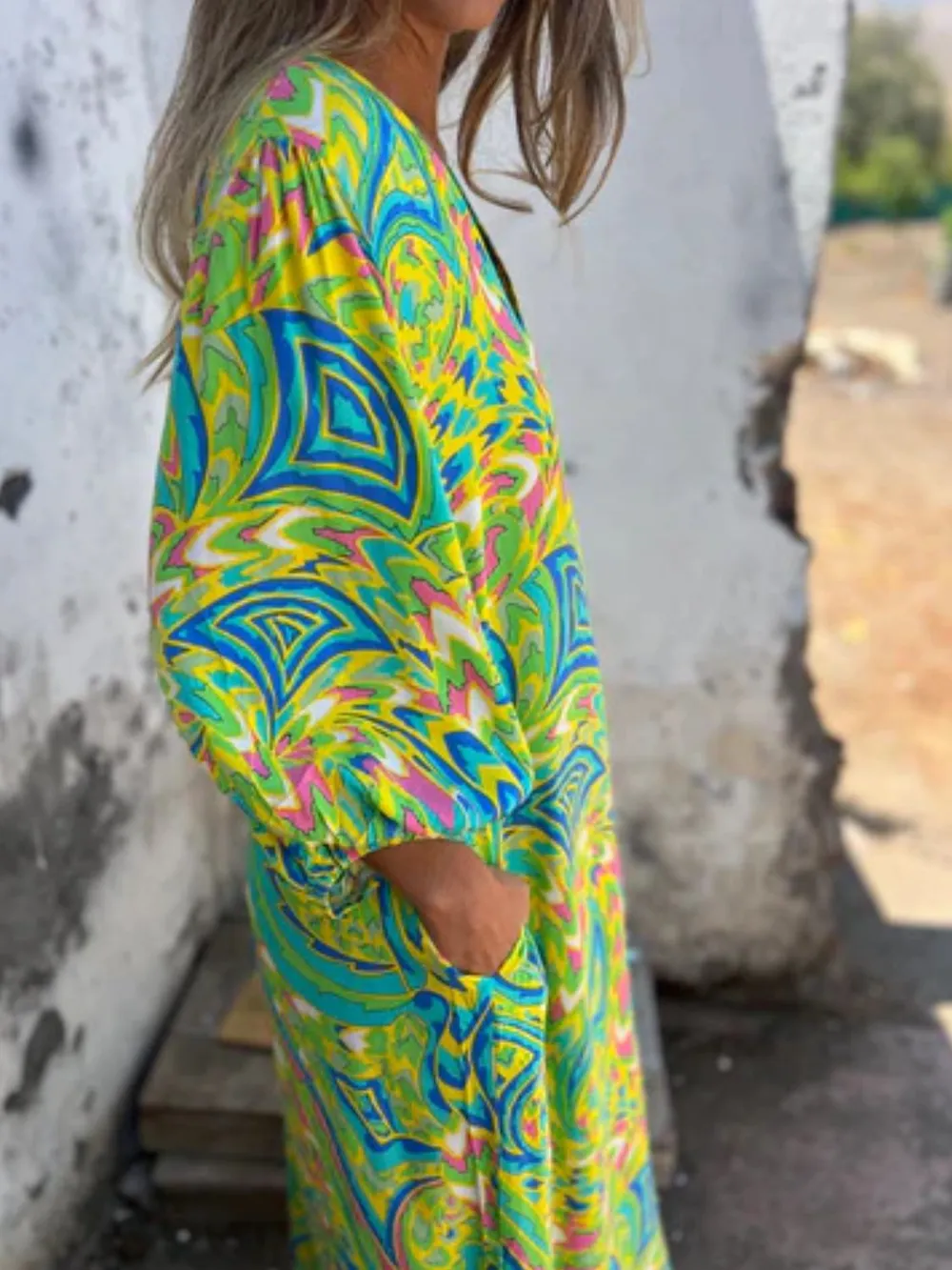 Full Size Printed V-Neck Dress with Pockets Plus Size, image 11