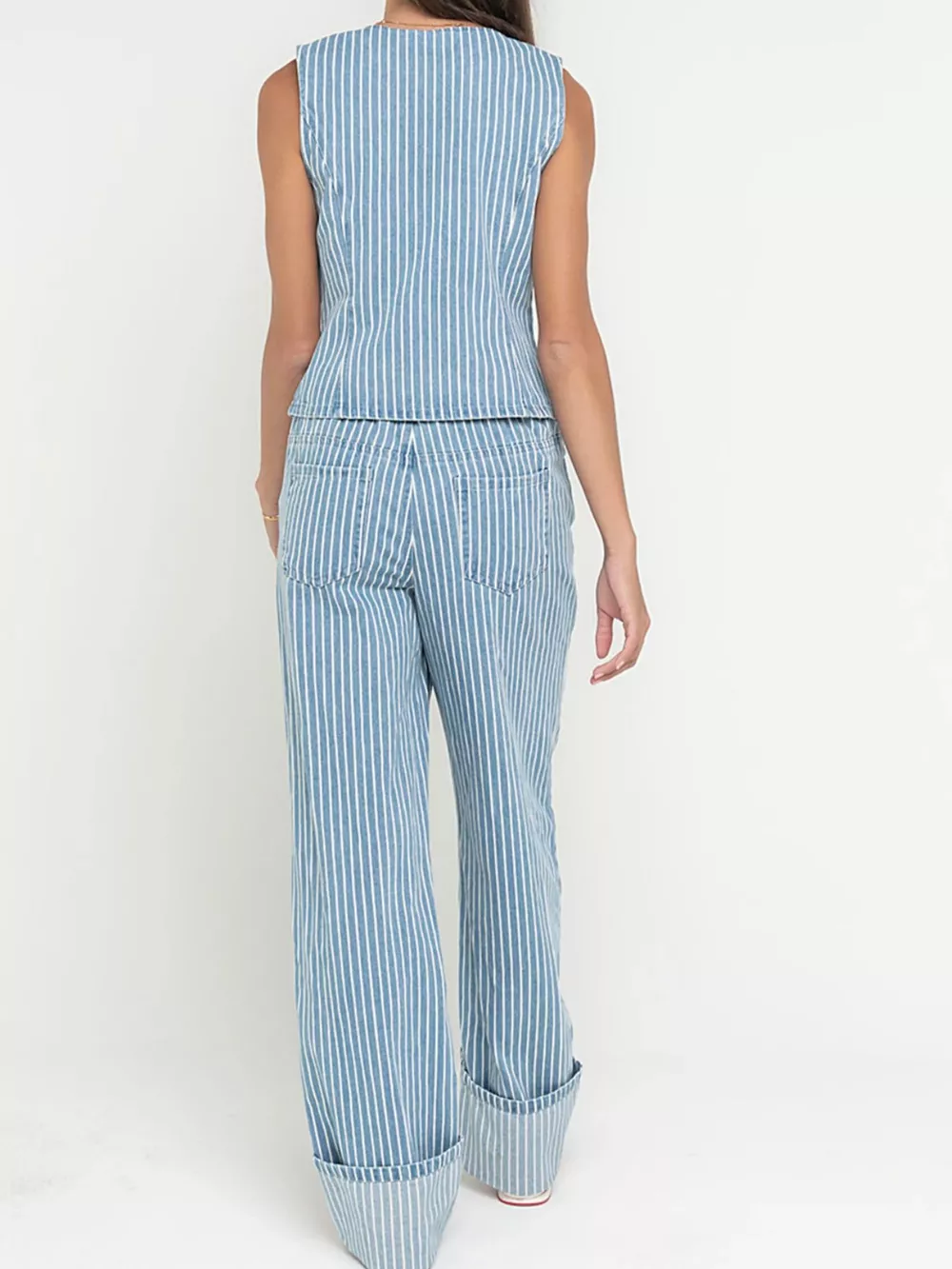 Striped Button Up Sleeveless Top and Jeans Denim Set, image 4