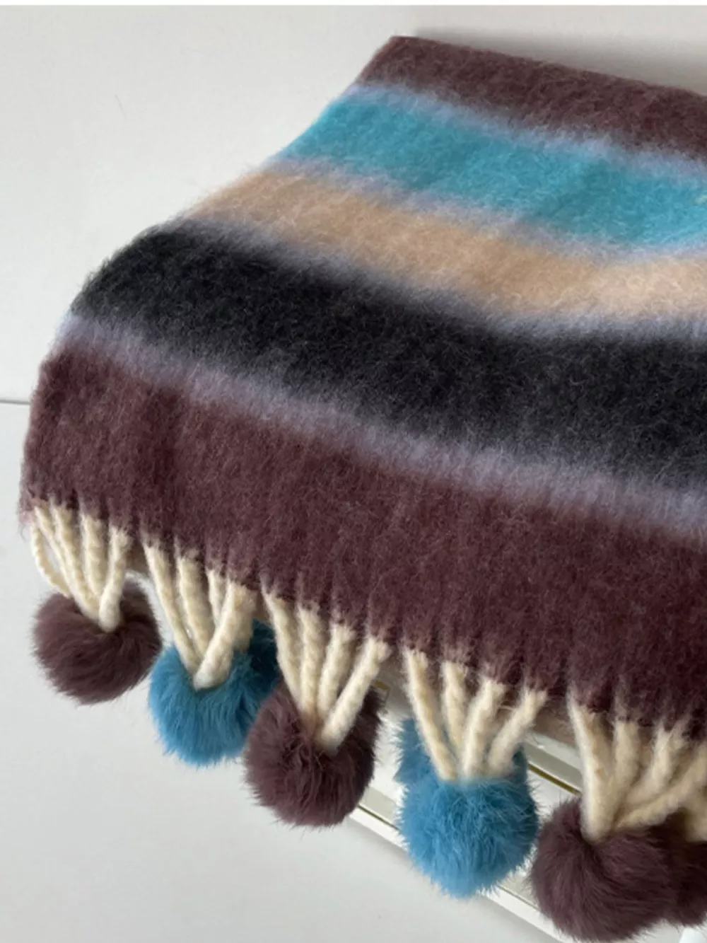 Rainbow Striped Fuzzy Scarf with Pom-Poms, image 4