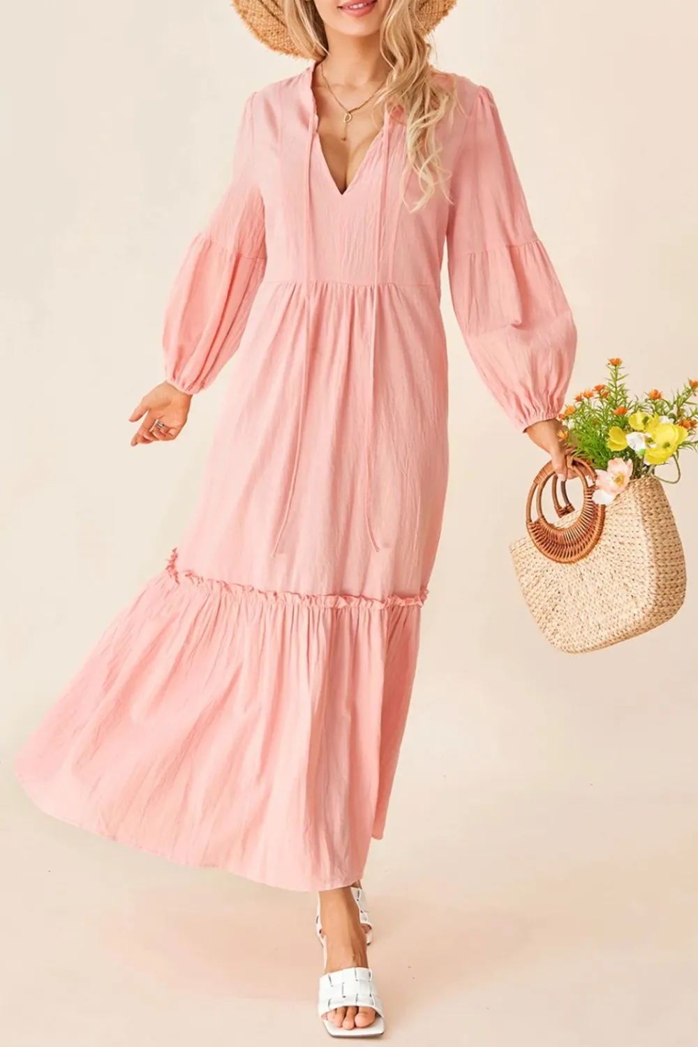 Frill Tiered Tie Neck Long Sleeve Dress, image 3