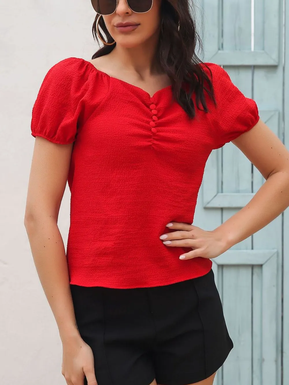 Ruched Decor Button V-Neck Short Sleeve Blouse, image 4