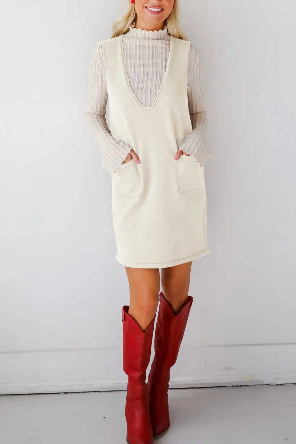 Pocketed V-Neck Mini Sweater Overall Dress, image 10