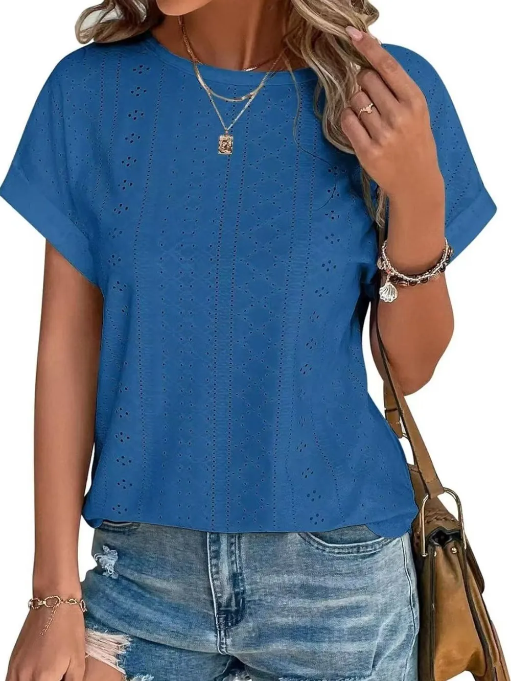 Eyelet Round Neck Short Sleeve Top, image 10