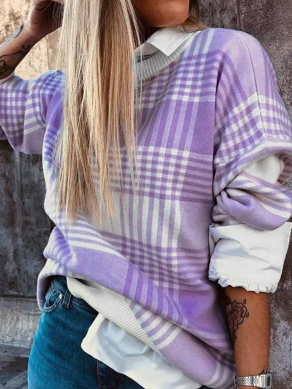 Plaid Round Neck Long Sleeve Sweater, image 2