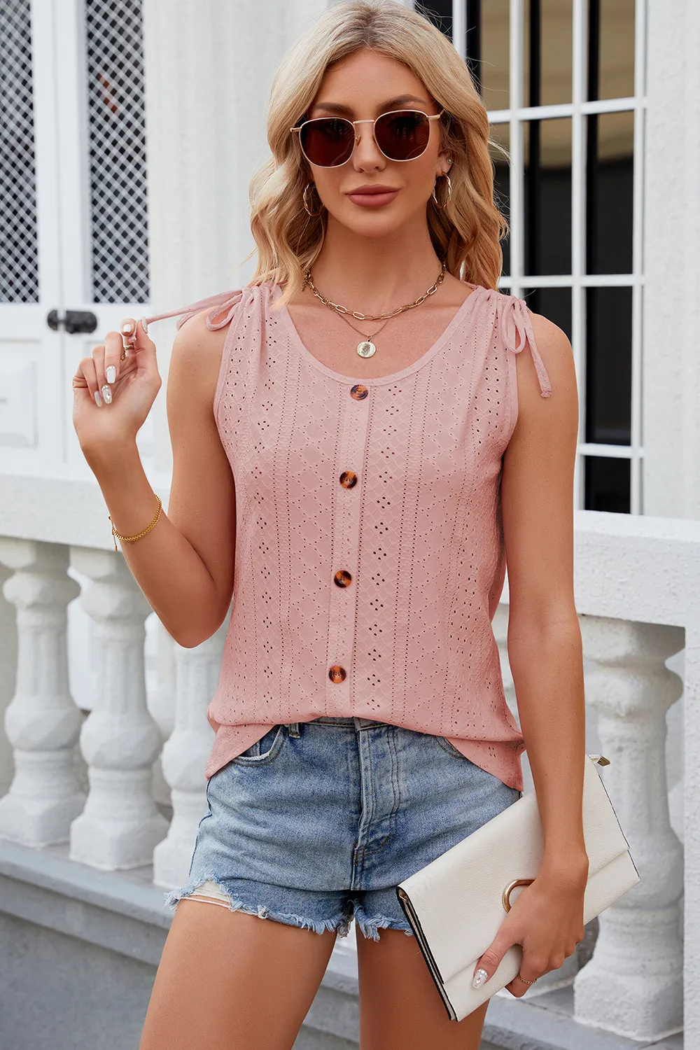Eyelet Round Neck Wide Strap Tank, image 17