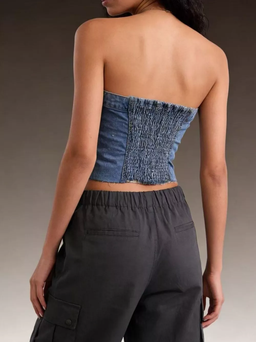 Button-Front Strapless Denim Top, image 5