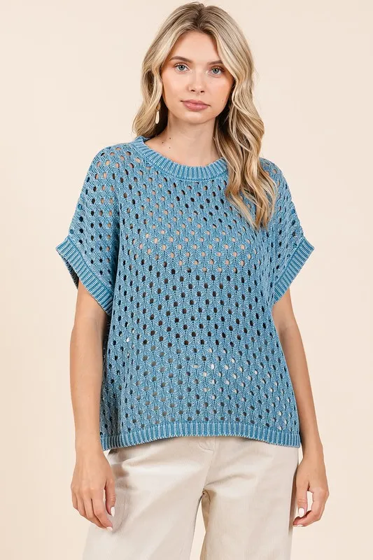 Mineral Wash Openwork Short Sleeve Knit Cover Up