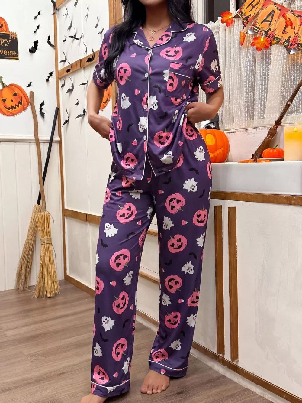 Halloween Pumpkin Print Button-Down Top and Pants Set, image 9