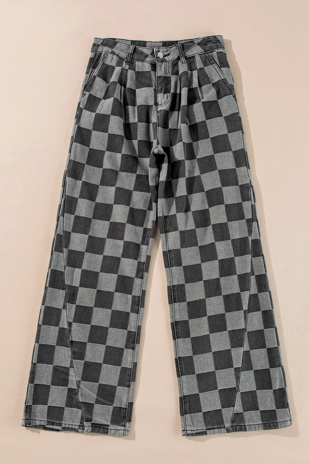 Checkered Wide Leg Jeans with Pockets, image 2