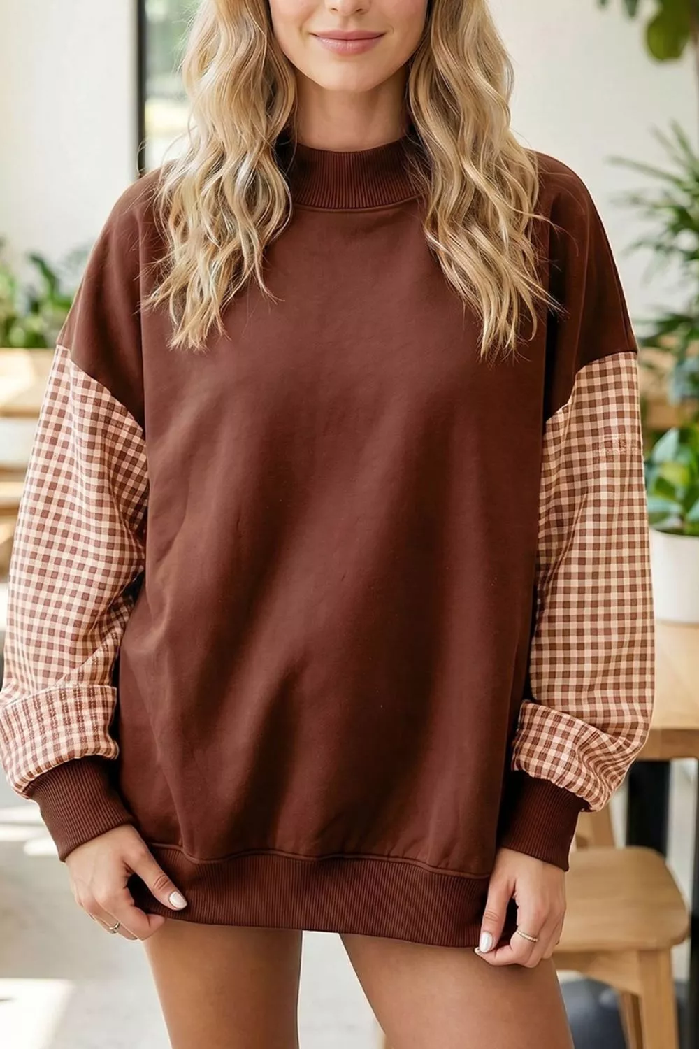 Plaid Sleeve Colorblock Loose Tunic Sweatshirt, image 2