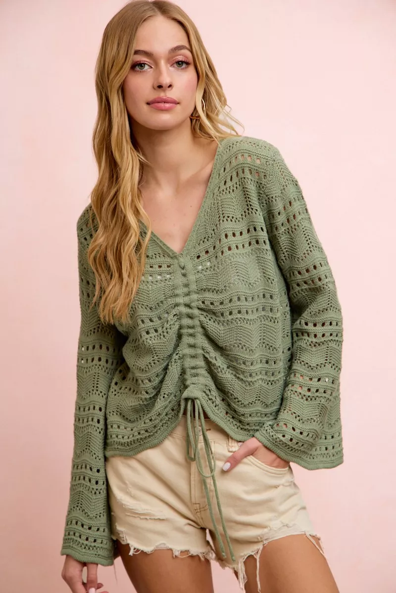 Pointelle Knit V Neck Ruched Front Lightweight Top