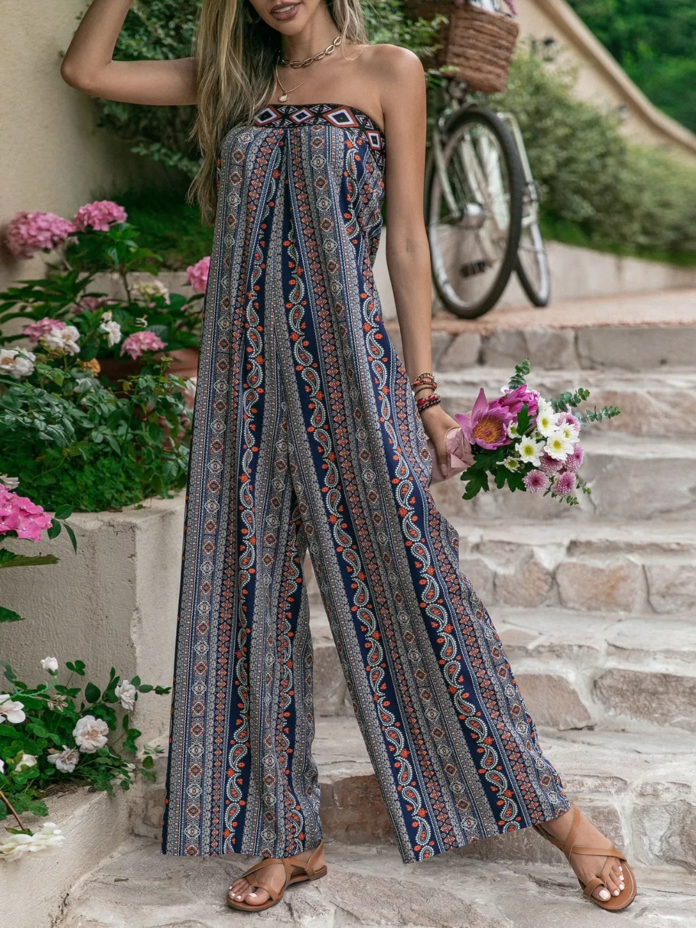 Tied Printed Tube Wide Leg Jumpsuit, image 6