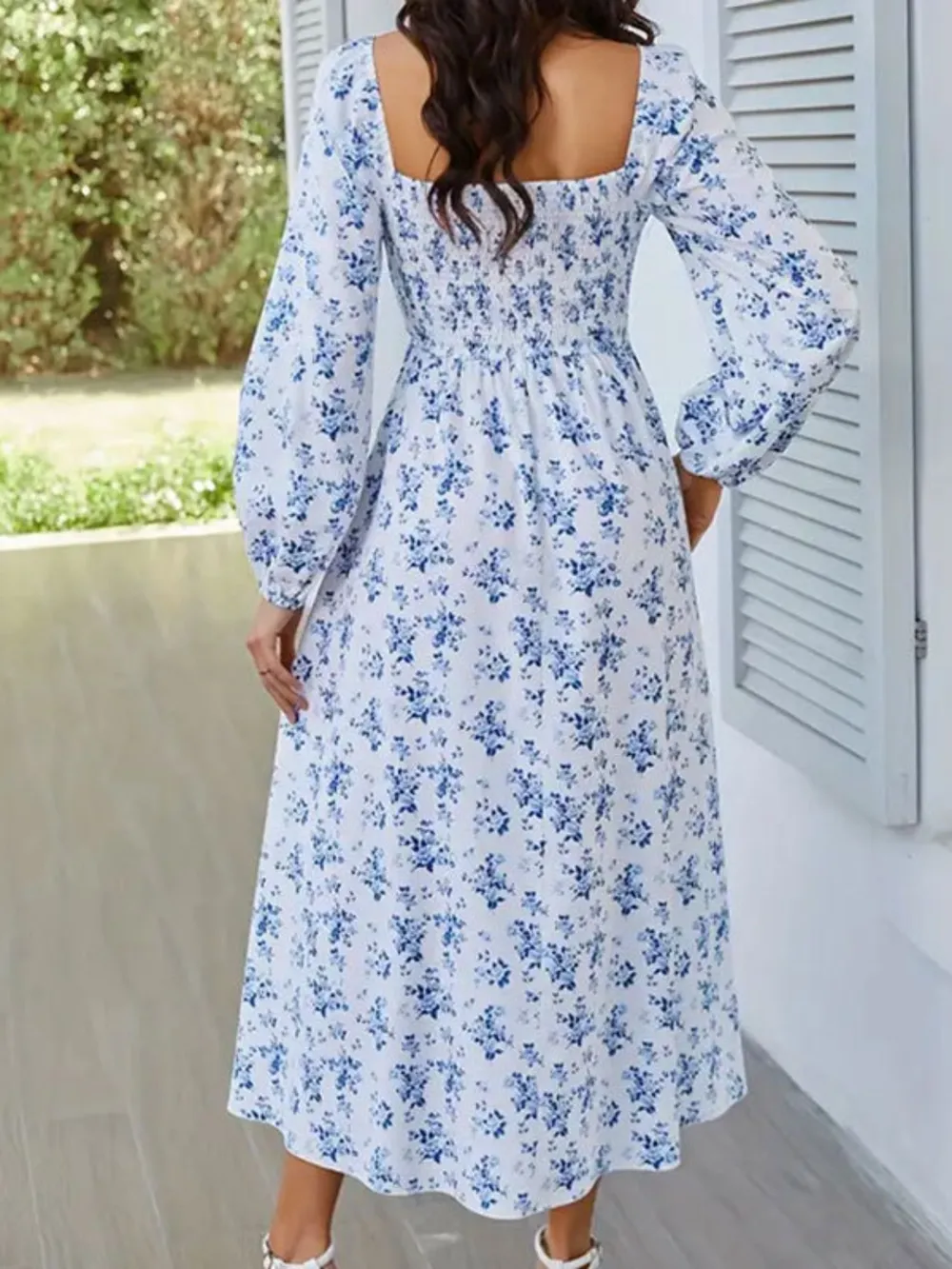 Slit Smocked Floral Square Neck Balloon Sleeve Midi Dress, image 10