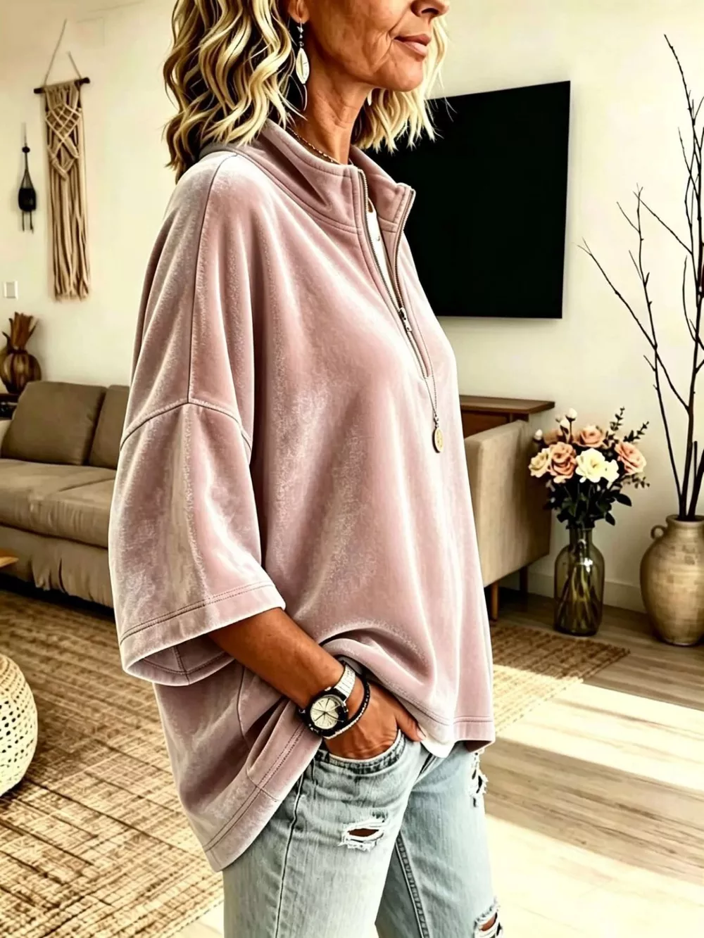 Full Size Velvet Quarter-Zip Sweatshirt Plus Size, image 2