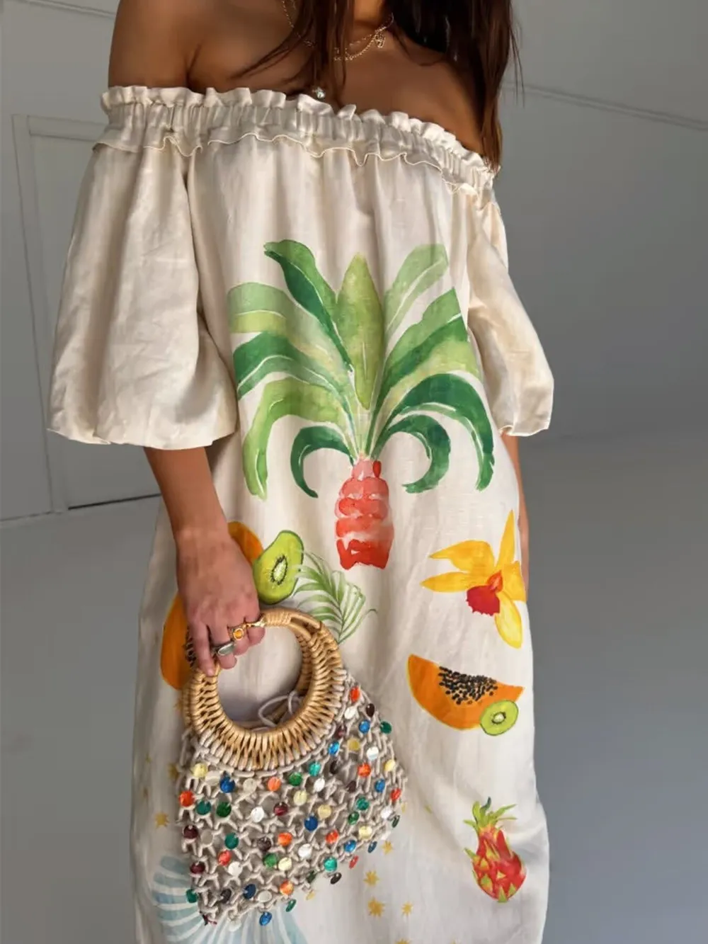 Frill Printed Off-Shoulder Dress, image 3