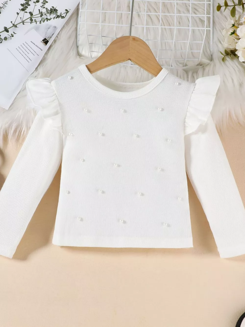 Children's Ruffle Trim Top & Faux Leather Pleated Skirt Set, image 3