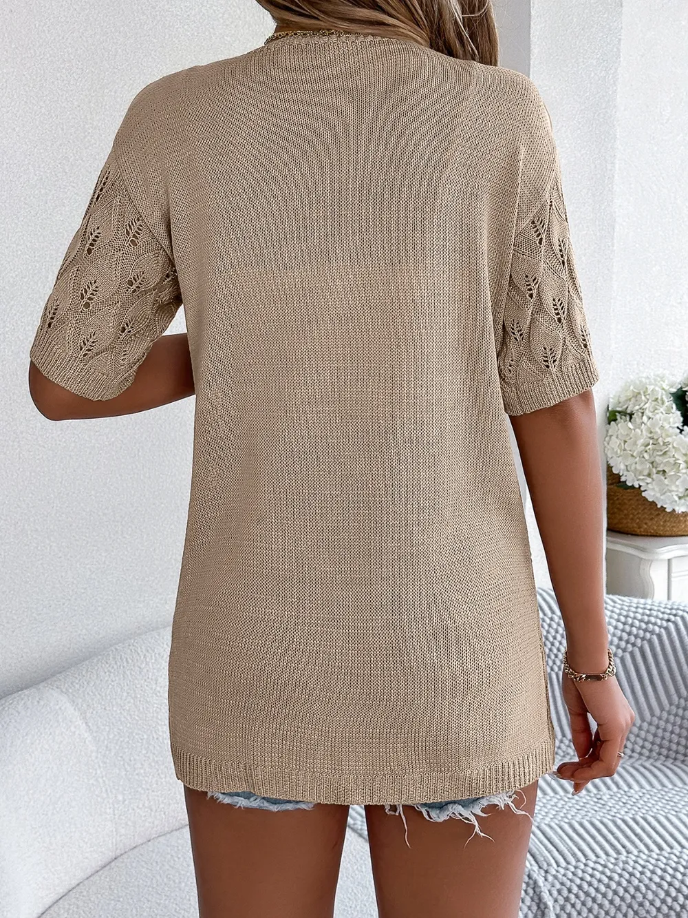 Openwork Open Front Short Sleeve Cardigan, image 5