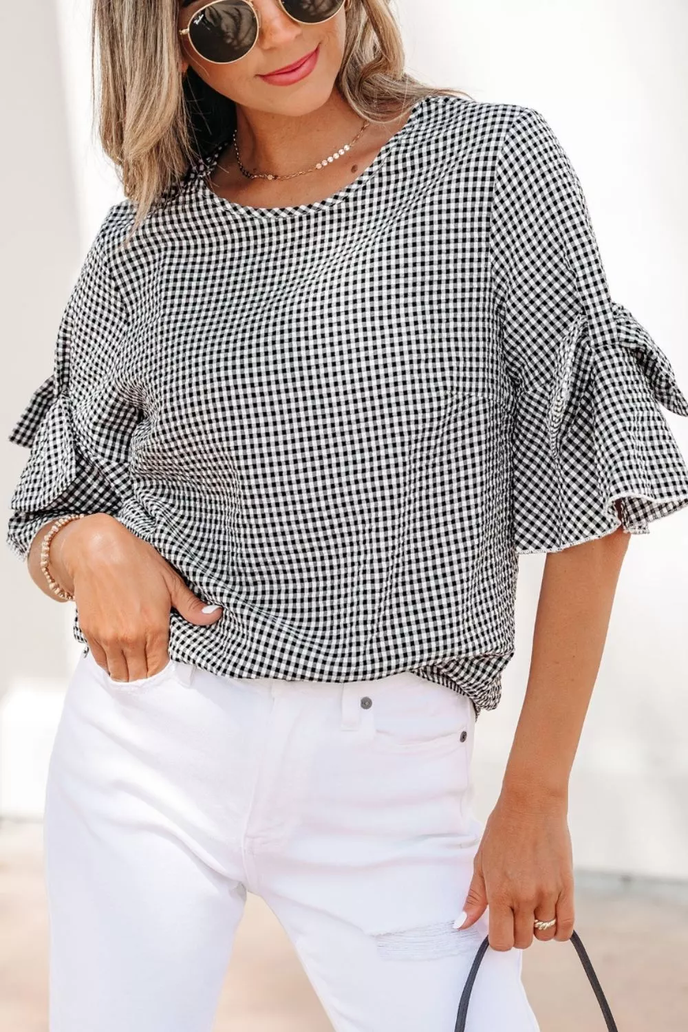 Gingham Bow Half Sleeve Blouse, image 4