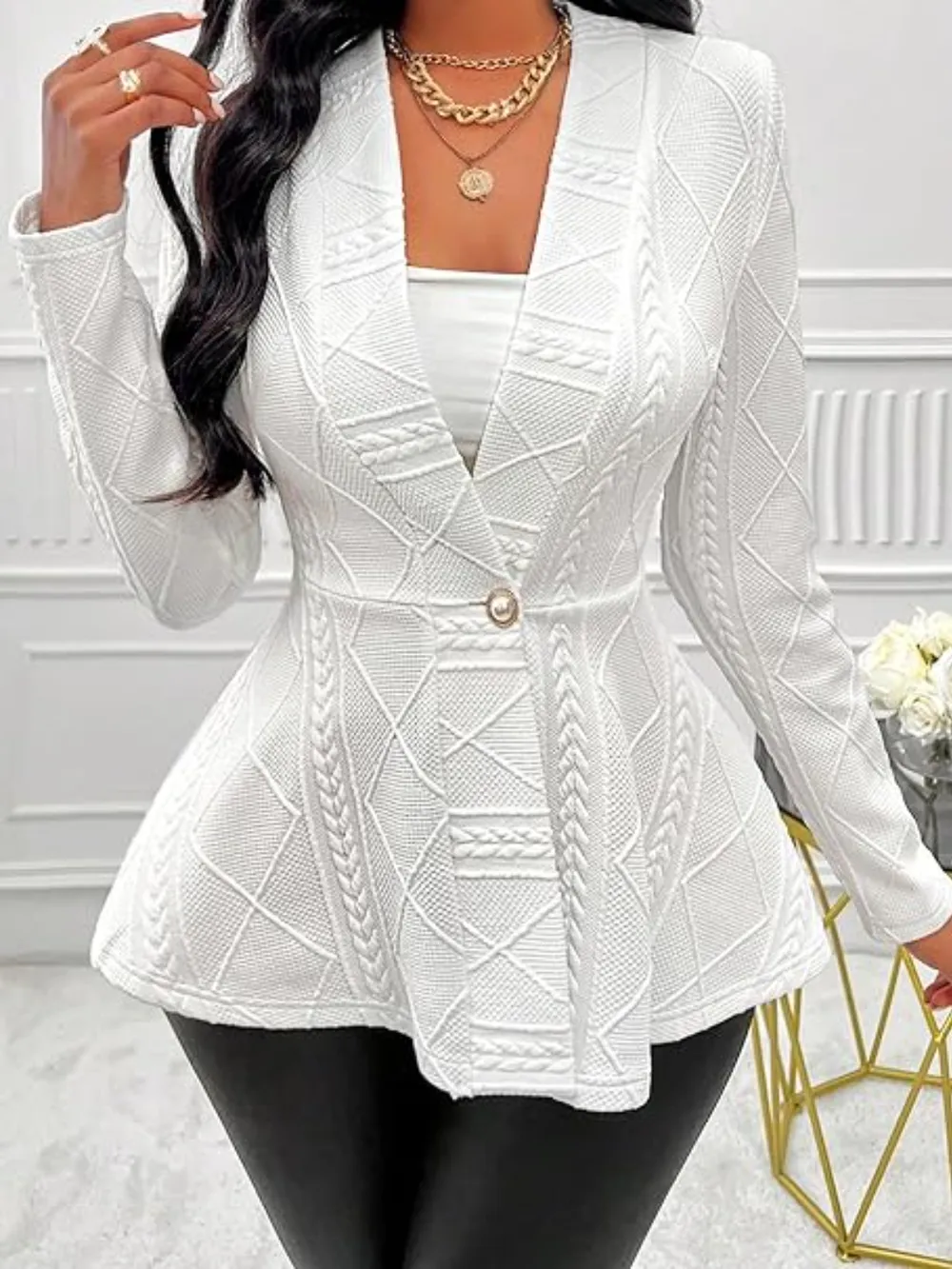 One Button Textured Peplum Cardigan, image 5