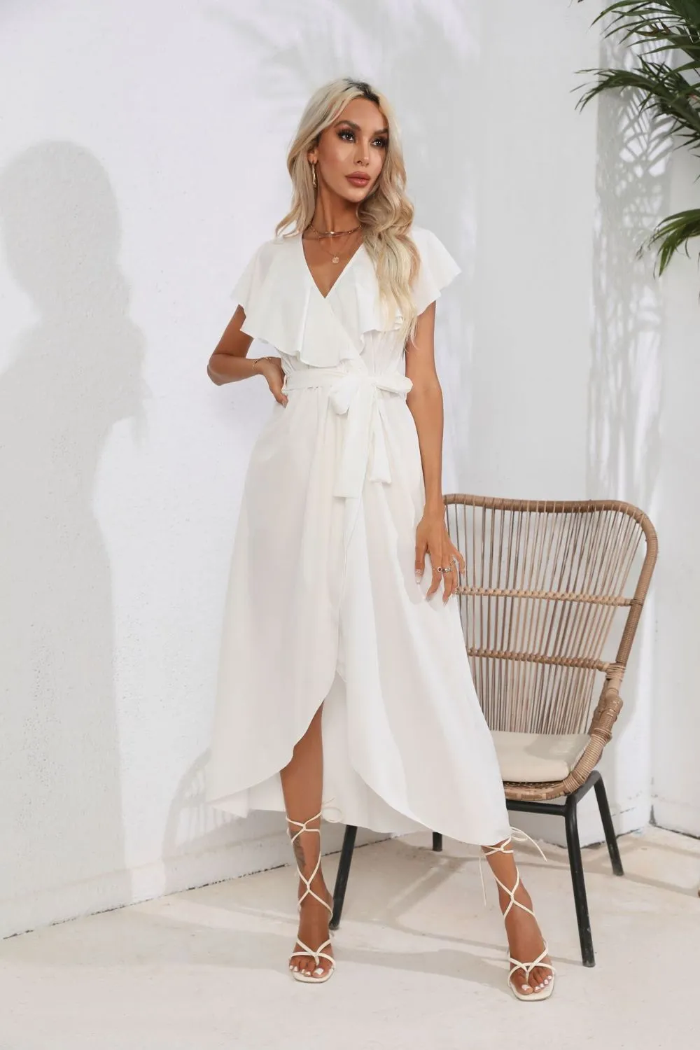 Tied Front Ruffled Short Sleeve Midi Dress, image 31