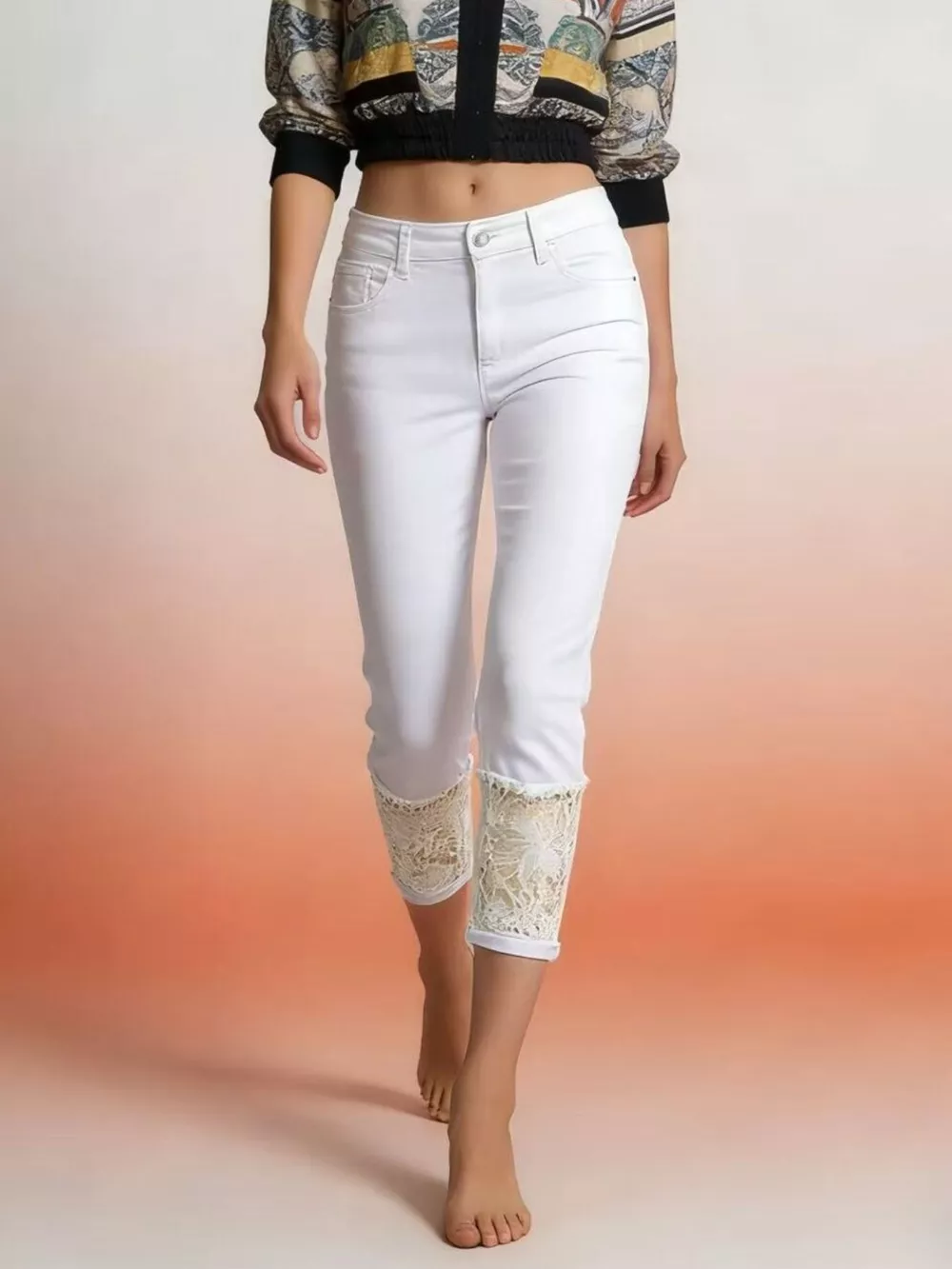 Full Size Lace Trimmed Capri Jeans Plus Size, image 2