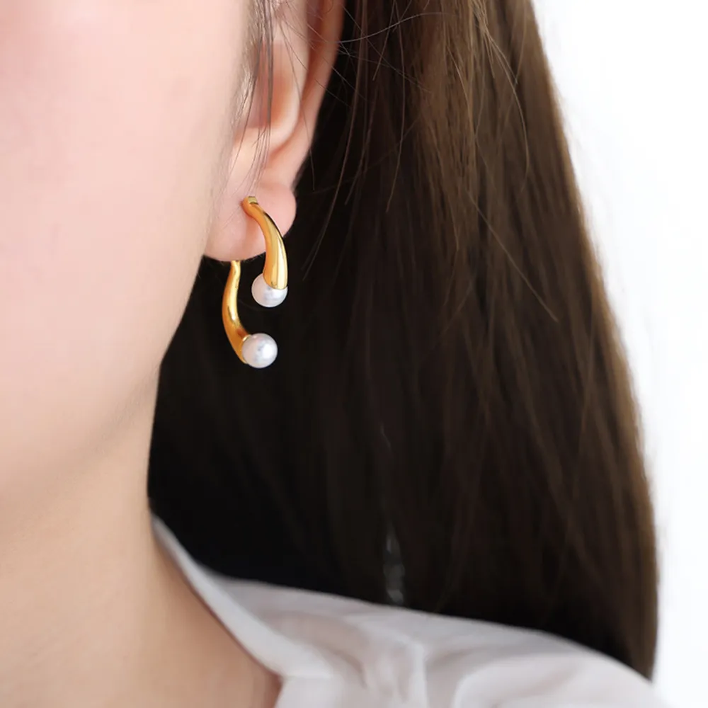 Synthetic Pearl Asymmetrical Titanium Steel Earrings, image 5