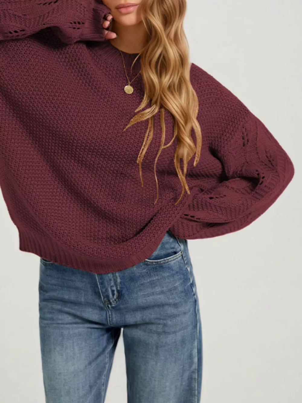 Textured Knit Openwork Dropped Shoulder Sweater, image 5